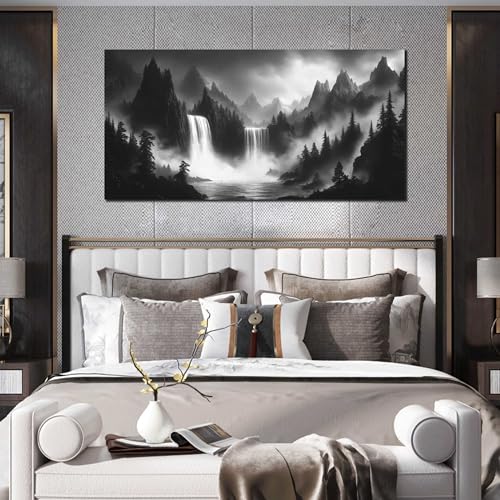 HUBOSKN Waterfall Pictures Wall Decor for Living Room - Mountain Wall Art for Office - Black and White Canvas Wall Art for Bedroom Size 24" x 48" - color: Black and White, size: 48"L x 24"W