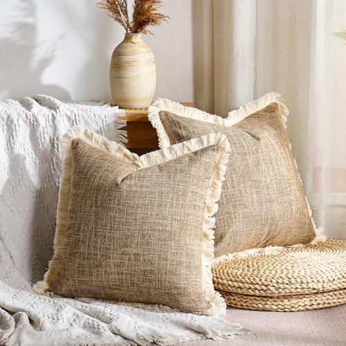 Couch Pillow Covers Accent Boho Decorative Fringe Throw Pillows Covers 16x16 Linen Khaki Cushion Case Linen Pillow Covers with Fringe for Couch Chair Living Room Home Decor Set of 2 - color: Khaki, size: 16" x 16" (Pack of 2)