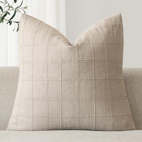 Foindtower Set of 1 Decorative Linen Check Throw Pillow Cover Neutral Farmhouse Vintage Cushion Cover Modern Boho Home Decor for Sofa Chair Couch Bedroom Living Room Outdoor,16×16 Inch,Natural Linen - color: Natural Linen, size: 16" x 16" (Pack of 1)