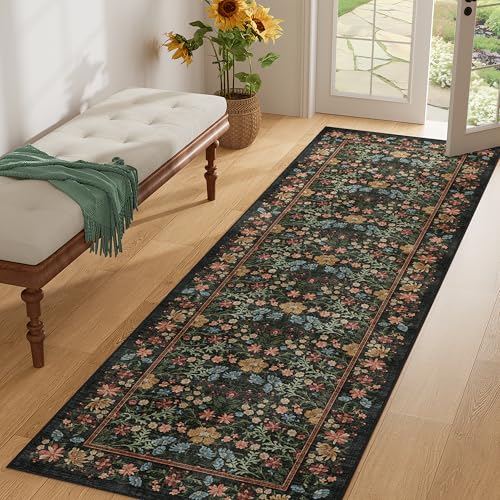 DUKINO 2x6 Runner Rug for Hallway, Washable Vintage Floral Kitchen Rug with Non Slip Backing, Soft Low Pile Throw Carpet Runner for Kitchen, Laundry, Hallway, Bathroom, Black - color: Black, size: 2' x 6' (Rectangular)