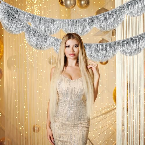 FYSUIMU 6.6 Ft Iridescent Silver Scalloped Banner Hanging Layered Sparkly Fringe Garland for Bachelorette Birthday Party Backdrop Decor - color: Silver