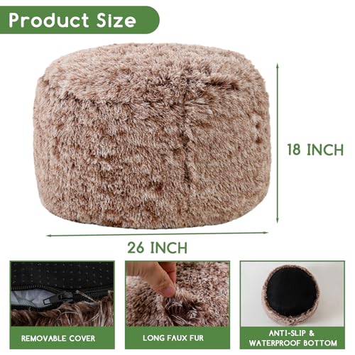 HIGOGOGO Round Stuffed Pouf Ottoman, Long Faux Fur Poufs with Foam Chunk Filling, Fluffy and Furry Pouf Foot Stool Storage Ottoman, 26 X 18 Floor Poufs Foot Rest for Living Room,Coffee - color: Brown, size: 26INCH
