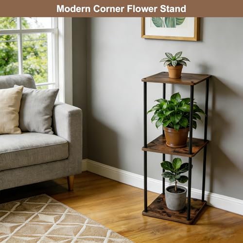 Vigordream Plant Stand Indoor Outdoor 3 Tier Metal Plant Shelf Tall Pedestal Stand Flower Pot Stands Multiple Planter Support Rack for Corner Living Room, Balcony, Garden Patio (Retro Brown, 34 INCH) - size: 34 INCH