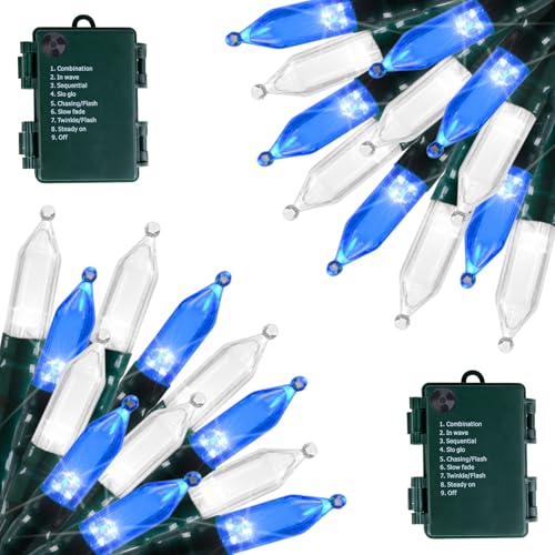 Brightown Battery Operated Christmas Lights 2 Pack 18 Feet 50 LED Clear Mini String Lights with 8 Modes Waterproof Tree Lights for Xmas Outdoor Indoor Holiday Party Garden Decor, Blue & White - color: Blue & White, size: 50 LEDs x 2 Pack