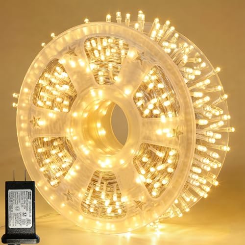 Pooqla 1000 LED Warm White Christmas Lights Indoor Outdoor Decorations, 328 ft String Lights Plug in with Timer, 8 Modes Waterproof Clear Wire Twinkle Fairy Lights for Bedroom Party Classroom Decor - color: Warm White, size: 1000LED