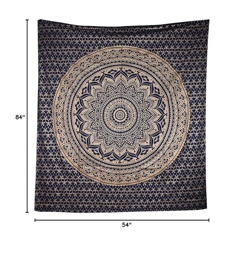 Popular Handicrafts New Launched Kp761 original Gold Ombre Tapestry Mandala tapestries Wall Art Hippie Wall Hanging Bohemian Bedspread With Metallic Shine tapestries 84x54 Inches(215x140cms) blue - color: Blue and Gold, size: 82"L x 54"W