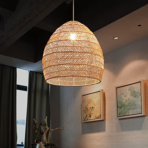 Arturesthome 1 Light Rattan Woven Pendant Light Shades,17.7" Kitchen Island Pendant Light,Handmade Hanging Lamp Crafts Lampshade for Living Dining Room - color: Rattan, size: 17.68in*15.7in