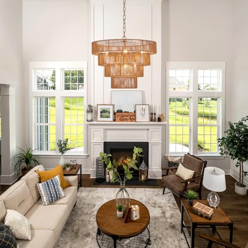19.7" Boho Rattan Chandelier 6-Light Farmhouse Hand-Woven Drum Light Fixture, Vintage Rustic Wicker Rattan Gold Chandelier for Dining Room, Bedroom, Kitchen, Living Room, E12 Base - color: Gold 19IN