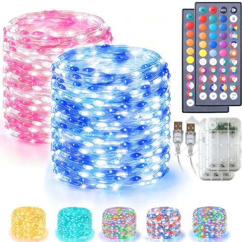 Lovelite Fairy Lights 34 Colors Changing, 2 Pack Total 40FT 120LED 4th of July String Lights Battery USB Operated, Waterproof Twinkle Lights with Remote for Holiday Wedding Party Indoor Outdoor - size: 2 Pack 60LED/40FT (Battery+USB)