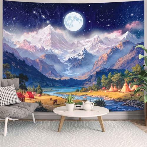 Wegklazax Full Moon Mountain Tapestry, Celestial Fantasy Wall Art for Room Decor, Serene Nature Home Decor 60" L x 44" W - color: Blue White, size: 60"L x 44"W
