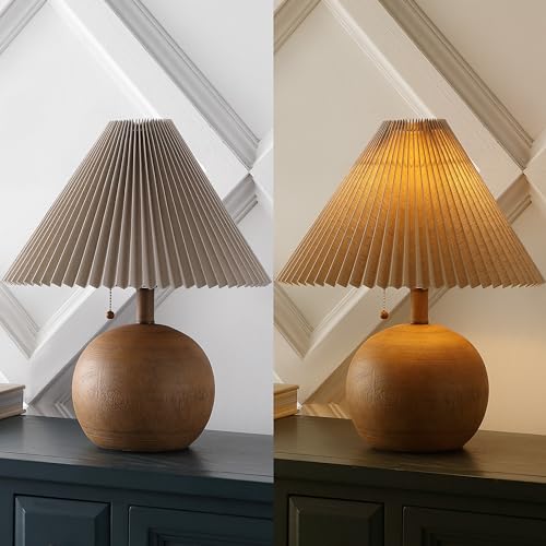 JONATHAN Y 17.25" Brown Wood Finish Sphere Table Lamp, Mid-Century Bedside Nightstand with Beige Pleated Linen Shade, Scandinavian Coastal Style, LED Bulb Included JYL1145A - color: Brown Wood Finish
