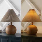 JONATHAN Y 17.25" Brown Wood Finish Sphere Table Lamp, Mid-Century Bedside Nightstand with Beige Pleated Linen Shade, Scandinavian Coastal Style, LED Bulb Included JYL1145A - color: Brown Wood Finish