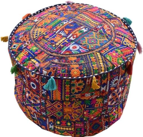 Indian Pouf Footstool Ethnic Embroidered Pouf Cover, India Cotton Round Pouffe Ottoman Pouf Cover Pillow Ethnic Decor Art-Cover Only-Indian Ottoman poufs - color: Blue Rajkoti, size: 22"D x 22"W x 14"H