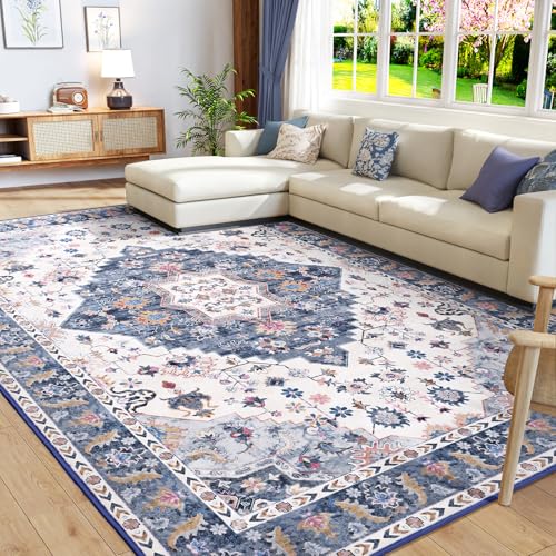 Amearea Vintage Design Area Rugs for Living Room, 4x6 Machine Washable Floral Collection Traditional Bedroom Rug, Low Pile Cute Kids Room Print Carpet, No Slip Office Kitchen Home Decor, Blue - color: Blue, size: 4' X 6' (Rectangular)