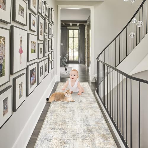 Capslpad 2x10 Beige Abstract Hallway Runner, Ultra Soft Fabric Washable Runner Rug, Non-Slip Rubber Backing, Stain Resistant Low Pile Runners for Hallways, Kitchen, Entryway, Bedroom, Laundry - color: Beige, size: 2' x 10' (Runner)