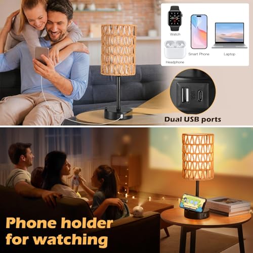Rattan Table Lamps for Living Room, 3 Way Dimmable Touch Lamps, Small Bedside Lamps with LED Bulbs, Phone Stand, USB Ports and AC Outlet, Boho Nightstand Lamp for Kids Room, Bedroom, Office (2 Pack) - size: 2 Pack Rattan