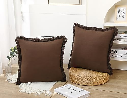 NUYECY Set of 2 Natural Linen Fringed Throw Pillow Covers,Chocolate Neutral Decorative Pillowcase with Chic Tassel Burlap Boho Square Cushion Covers for Couch Sofa Farmhouse,22x22 inches - color: Chocolate, size: 22" x 22" (Pack of 2)