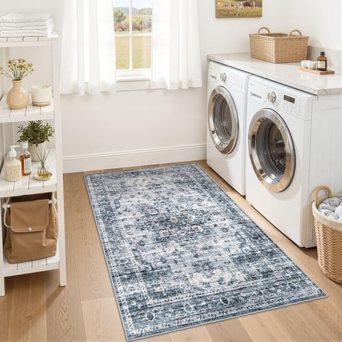 Washable Area Rugs 3x5, Soft Large 3x5 Rugs for Living Room Non-Slip Vintage Navy Blue Indoor Carpet Stain Resistant Rugs for Dining Room Bedroom Nursery Kid & Pet Friendly - color: Navy Blue, size: 3' x 5' (Rectangular)