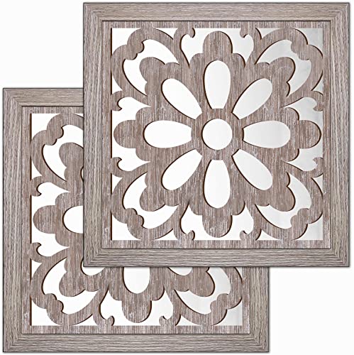 Yudarte 2pcs Set Square Mandala Cutout Wall Mirror Decor - Farmhouse Rustic Decorative Mirrors for Bedroom Bathroom Living Room Kitchen Entryway 12x12 Inches - color: Barn Mirror Style C2