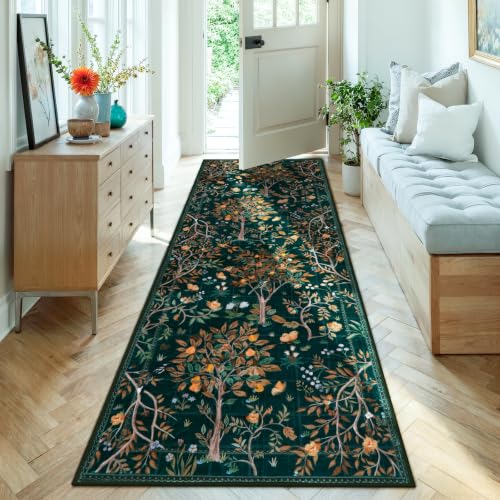 Morebes Boho Floral 2x6 Kitchen Runner Rug, Washable Hallway Rug Runner Non Slip, Soft Botanical Flower Indoor Floor Carpet Runner for Bathroom Entryway Laundry Room, Dark Green - color: Dark Green, size: 2' x 6' (Rectangular)
