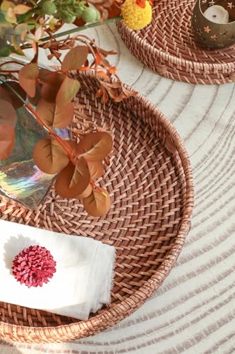 HITOMEN Hand-Woven Round Rattan Serving Tray Decorative Ottoman Wicker Platter with Handles for Coffee Table, Breakfast, Drinks, Snack, Bread, Fruit, Vegetables (Honey Brown Set of 2: M+L) - color: Honey Brown, size: Medium (11.8 inches)/Large (14.2 inche