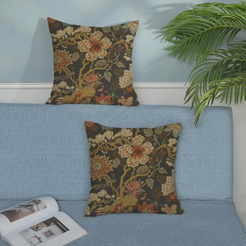 Chinoiserie Throw Pillow Covers 18x18 Inch 2 Pcs Brown Grey Burnt Orange Floral Decor Pillow Covers Vintage Flower Fall Outdoor Boho Decorative Pillowcase Linen Cushion Cover for Couch - color: Chinoiserie Brown Grey Floral, size: 18" x 18" (Pack of 2)