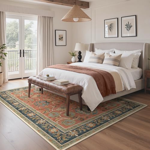 Bavni Floral Area Rugs 4x6, Vintage Accent Living Room Rug, Distressed Washable Rug Stain Resistant Non Slip, Low Pile Thin Soft Coral Blue Throw Carpet for Bedroom, Dining Room, Home Office, Nursery - color: Coral Blue, size: 4' x 6' (Rectangular)