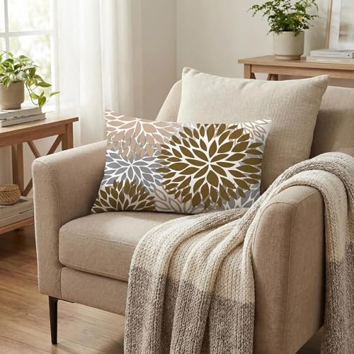 COMMINY Lumbar Throw Pillow Covers 12x20 Inch Set of 6, Brown Grey Pillow Cases for Couch Bed Decor, Farmhouse Daisy Dahlia Lumbar Pillow Cover, Indoor Decorative Cushion Cover Only, No Insert - color: Grey Brown, size: 20" x 12" (Pack of 6)