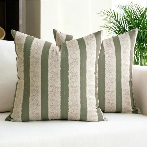 DOMVITUS Floral Pillow Covers 18x18 Inch Set of 2, Vintage Striped Block Print Decorative Throw Pillow Covers Neutral Farmhouse Boho Home Decor for Couch Sofa Bed Living Room, Olive Green - color: Olive Green, size: 18" x 18" (Pack of 2)