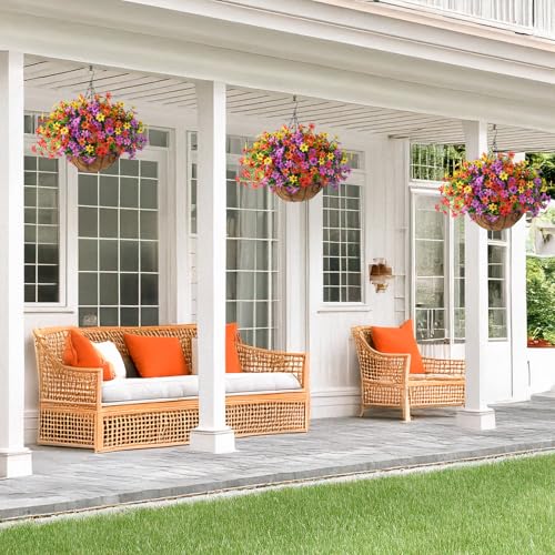 ZFProcess Artificial Flowers Hanging Baskets, Multicolor 12 Bundles Faux Flower Outdoor Hanging Basket Spring Summer Decoration, Fake Flowers Plants for Porch Patio Balcony Home Yard Decor(Mixd2) - color: Purple,red,orange,yellow