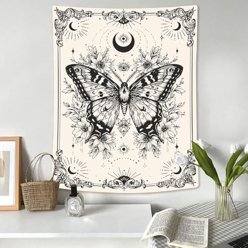 Gruaoihy Boho Beige White Butterfly Tapestry, Aesthetic Moon Wall Hanging for Bedroom Living Room Vertical Decor, 36x48 inches - color: Beige Butterfly, size: 48"L x 36"W