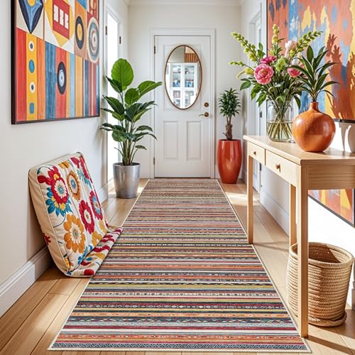 HILORUUG 4x10 Rug Washable Living Room: Non-Slip Southwestern Striped Runner for Kitchen Hallway Entry - Farmhouse Low Pile Stain Resistant Long Thin Floor Carpet 4x10 Red/Blue/Multi - color: Multi Color, size: 4x10