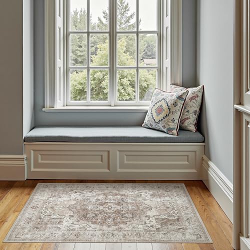 jinchan Area Rug 3x5 Washable Entryway Rug Vintage Kitchen Floor Cover Traditional Thin Taupe Multi Distressed Floral Doormat Indoor Mat for Bathroom Bedroom Living Room - color: Medallion Taupe Multi, size: 3' x 5' (Rectangular)