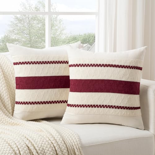 Fancy Homi Set of 1 Burgundy Boho Decorative Throw Pillow Covers 16x16 Inch for Couch Bed Sofa, Aesthetic Modern Farmhouse Christmas Room Decor, Soft Cotton Cute Textured Wind Red Cushion Case - color: Burgundy, size: 16" x 16" (Pack of 1)