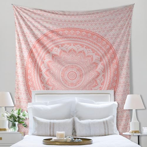 THE ART BOX Rose Gold Ombre Tapestry Wall Hanging Mandala – Bohemian Room Decor – Cotton Throw Tapestry – Boho Bedding Queen Bedspread 90x104 Inches - color: Rose Gold, size: 85"L x 90"W