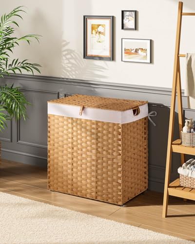 Greenstell Laundry Hamper with lid, No Install Needed, 110L Wicker Laundry Baskets Foldable 2 Removable Liner Bags, 2 Section Clothes Hamper Handwoven Rattan Laundry Basket with Handles, Natural - color: Natural