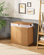 Greenstell Laundry Hamper with lid, No Install Needed, 110L Wicker Laundry Baskets Foldable 2 Removable Liner Bags, 2 Section Clothes Hamper Handwoven Rattan Laundry Basket with Handles, Natural - color: Natural