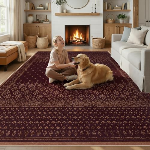 Joydeco Vintage 5x7 Washable Rug for Bedroom, Burgundy Living Room Rug Non Slip, Boho Geometric Ultra-Thin Soft Indoor Floor Throw Carpet for Entryway Dining Table Kitchen Home Office - color: Burgundy, size: 4'11" x 6'11" (Rectangular)