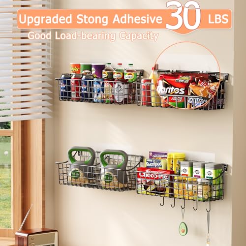 4 Pack EXTRA LARGE Hanging Wall Mount Storage Baskets With Divider, Metal Wire Basket With 4 Strong Adhesive Hooks +5 S Hooks,Organizing Wall Shelf for Home Kitchen Bathroom Pantry Garage RV, Black - size: 16.14''L x 6.06''Wx 5.91'' H- With Divider-4Pack