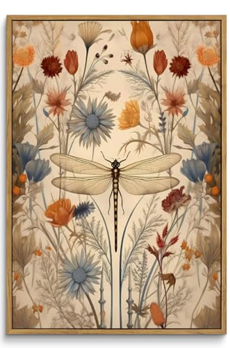 Framed Vintage Dragonfly Canvas Wall Art Picture Boho Natural Poster Prints Farmhouse Cottagecore Wall Decor for Living Room Bedroom 16x24in - color: Dragonfly, size: 24"L x 16"W