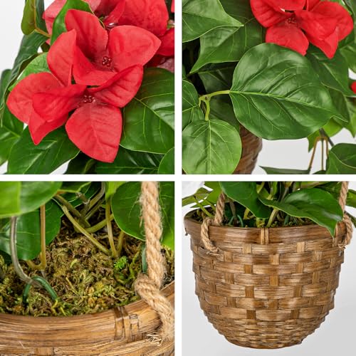 Briful Fake Hanging Basket Flowers, 27.5in Faux Red Bougainvillea Flowers in Woven Rattan Planter with Cascading Vines for Home Garden Balcony Outdoor Porch Decor - color: Red