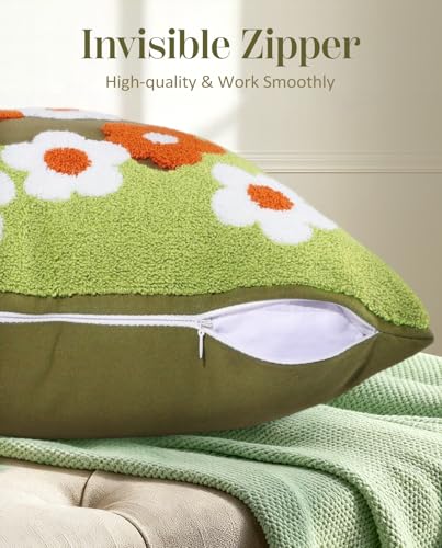 Embroidered Throw Pillow Cover - 18x18 Decorative Pillow Cover with Zipper Aesthetic Cute Design Boho Spring Summer Cozy Throw Pillowcase for Living Room Couch Sofa Bed, Green Flowers - color: Green-flowers, size: 18" x 18" (Pack of 1)