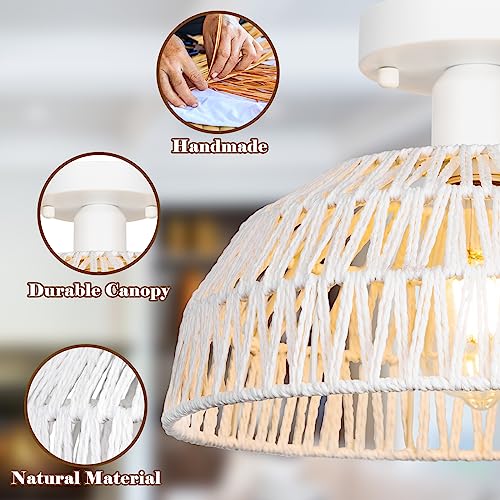 Rattan Ceiling Light Fixtures 2 Packs-White Rustic Woven Basket Flush Mount Ceiling Light, Handmade Wicker Ceiling Lamp, Rattan Chandelier For Kitchen Island, Hallway, Living Room, Bedroom, E26 Base - color: White