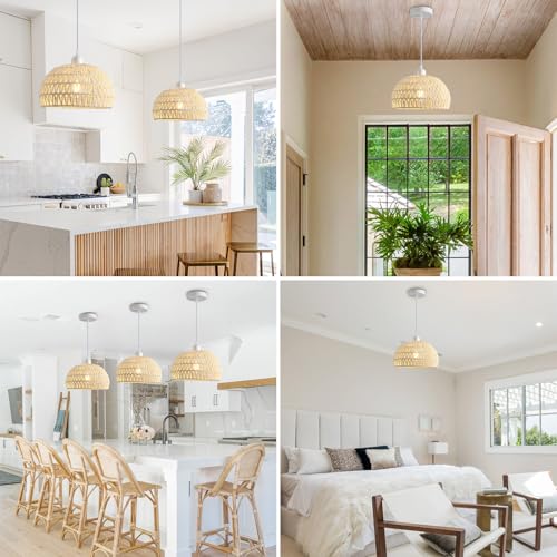 Rattan Pendant Light, 11" Boho Dome Dining Room Chandelier, Cream White Woven Kitchen Pendant Lighting over Island, Coastal Wicker Light Pendant Hanging Light Fixture for Nursery Entryway Bedroom, E26 - color: 11" Cream
