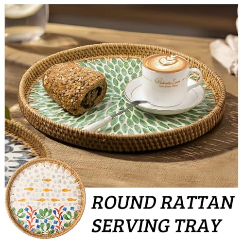 Round Rattan Tray with Mother of Pearl Inlay, Decorative Wicker Serving Tray with Wooden Base, Woven Basket Trays for Bread Fruits Coffee - color: Seabed