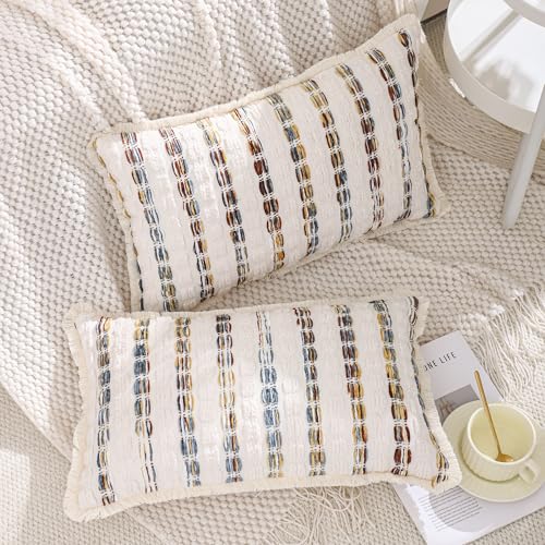 LUOYEHK Chenille Striped Throw Pillow Covers 12x20 Inch Set of 2 Boho Decorative Pillowcases with Fringe Farmhouse Neutral Cushion Covers for Couch Sofa Bed Living Room, Blue Brown - color: Blue Brown, size: 20" x 12" (Pack of 2)