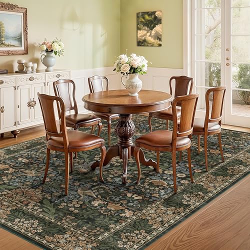6x9 Floral Washable Area Rug for Living Room, Vintage Boho Rugs for Bedroom Dining Room, Botanical Birds Non Slip Low Pile Forest Throw Carpet for Farmhouse Office, Retro Gold/Green - color: Gold Green (Larger Pattern), size: 6' x 9' (Rectangular)