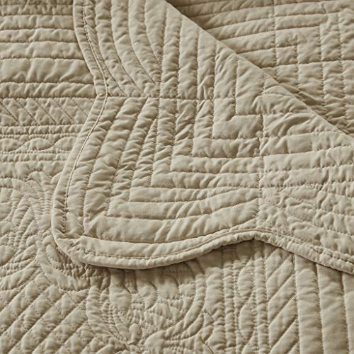 Madison Park Luxe Quilted Throw Blanket - Damask Stitching Design, Cotton Filled Spread, Ultra Soft, Cozy Bedding for Living Room Couch, Sofa, Bed, 60x72", Scalloped Borders Khaki - color: Scalloped Edges Khaki, size: 60"x72"