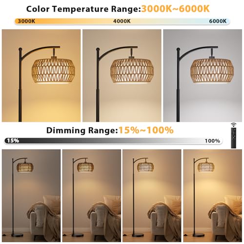 Ambimall Arc Floor Lamp for Living Room with Remote, Color Temperature & Brightness Adjustable, Bohemia Standing Lamp with Rattan & Fabric Double Drum Shades, Bulb Included(Black) - color: Black Bohemian