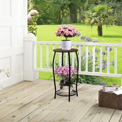 Plant Stand Indoor Outdoor, 2-Tier Tall Wood & Iron Plant Stand, 4-Leg Corner Flower Stand, Heavy Duty Floor Plant Shelf Plant Rack for Patio Living Room Balcony Home Decor